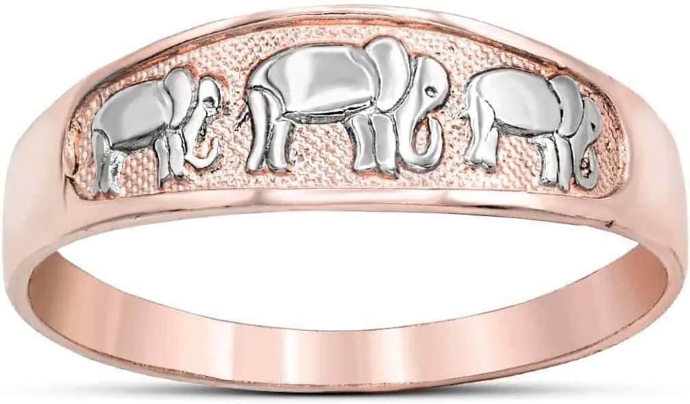 10K Two Tone White and Yellow, White, and Two Tone Rose Gold Family of Three Elephants Parade Band Three Elephant Style Statement Ring - Choice of Size