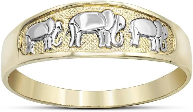 10K Two Tone White and Yellow, White, and Two Tone Rose Gold Family of Three Elephants Parade Band Three Elephant Style Statement Ring - Choice of Size