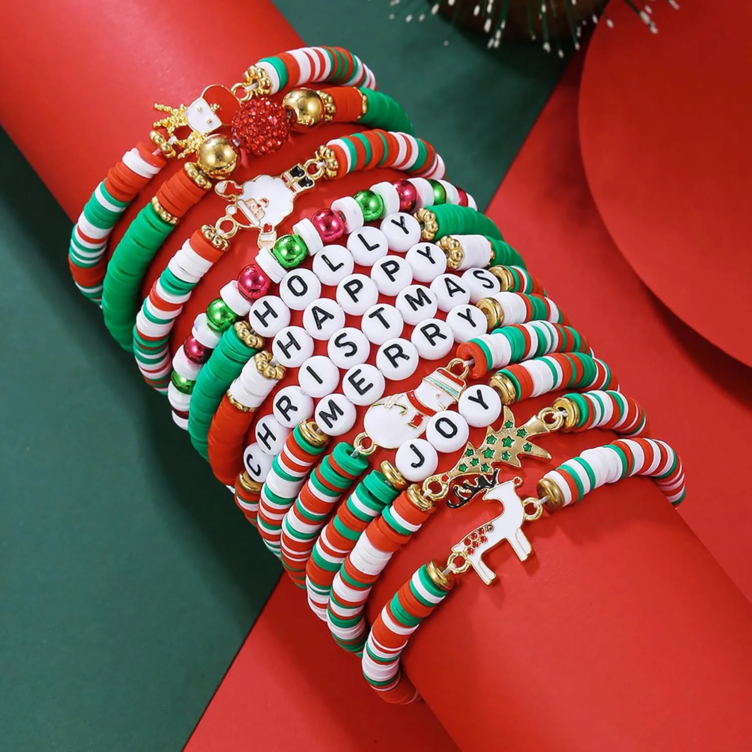 12 Pcs Christmas Surfer Heishi Bracelets for Women, Stackable Vinyl Disc Clay Beaded Stretch Bracelets, Holiday Elastic Friendship Bracelets Set, Boho Summer Beach Jewelry, Xmas Gifts for Women