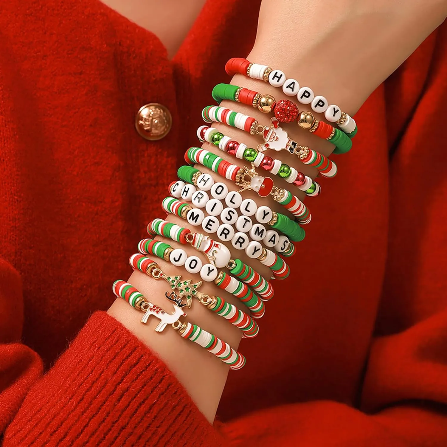 12 Pcs Christmas Surfer Heishi Bracelets for Women, Stackable Vinyl Disc Clay Beaded Stretch Bracelets, Holiday Elastic Friendship Bracelets Set, Boho Summer Beach Jewelry, Xmas Gifts for Women