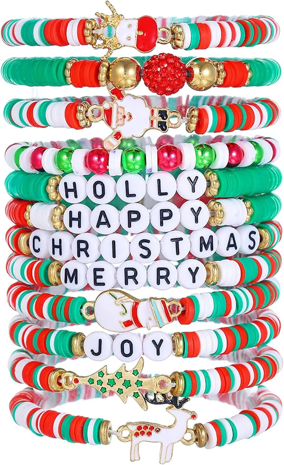 12 Pcs Christmas Surfer Heishi Bracelets for Women, Stackable Vinyl Disc Clay Beaded Stretch Bracelets, Holiday Elastic Friendship Bracelets Set, Boho Summer Beach Jewelry, Xmas Gifts for Women