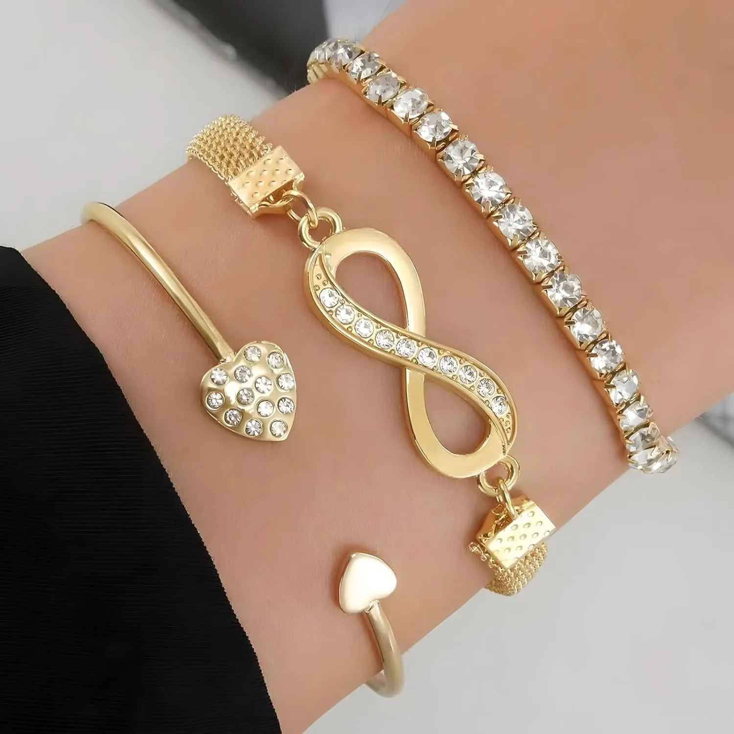 14K Gold Plated Stackable Bangle Bracelets for Women Silver Adjustable Layered Heart Bracelets Infinite Diamond Bracelet