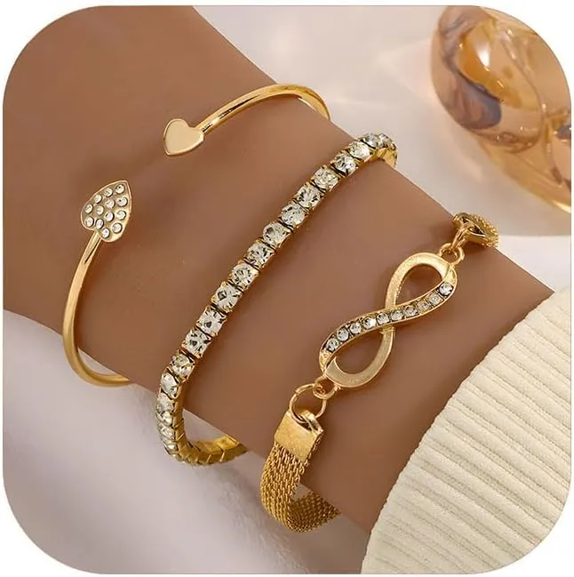14K Gold Plated Stackable Bangle Bracelets for Women Silver Adjustable Layered Heart Bracelets Infinite Diamond Bracelet