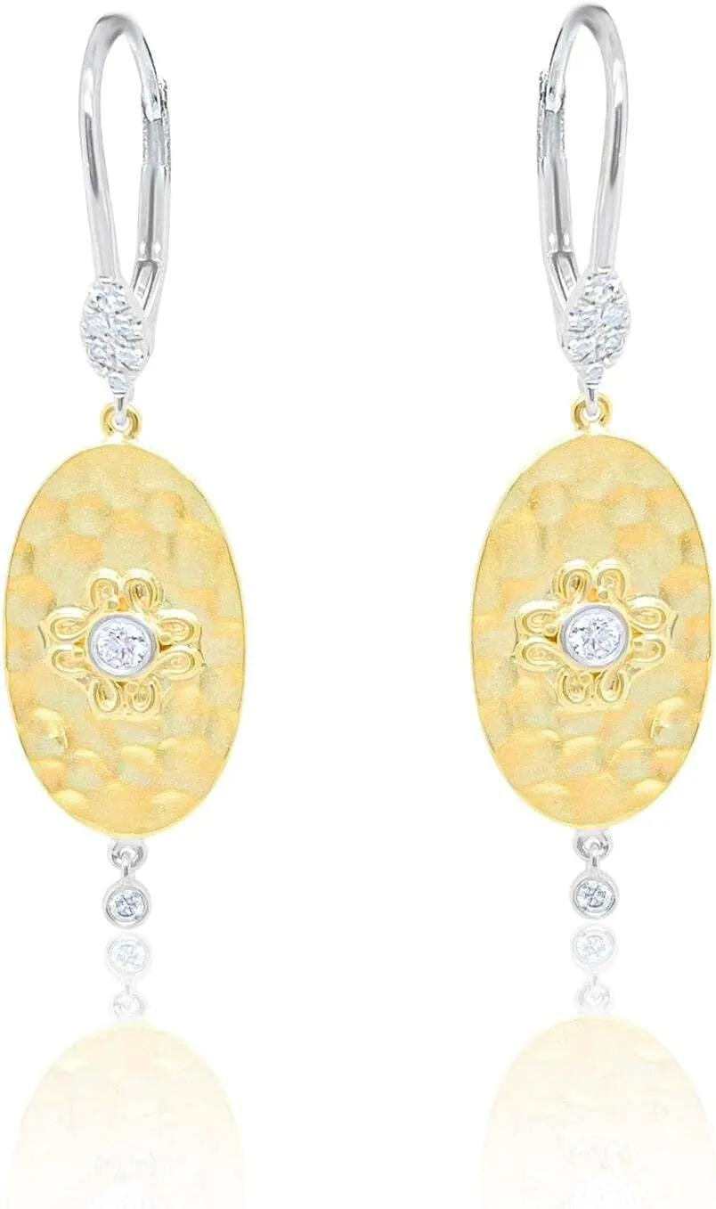 14k Two Tone Brushed Yellow Gold with Diamond Accents Earrings For Women