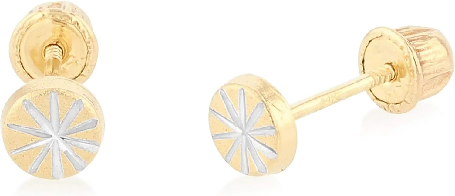 14K Two Tone Gold Diamond Cut Circle Screw Back Stud Earrings