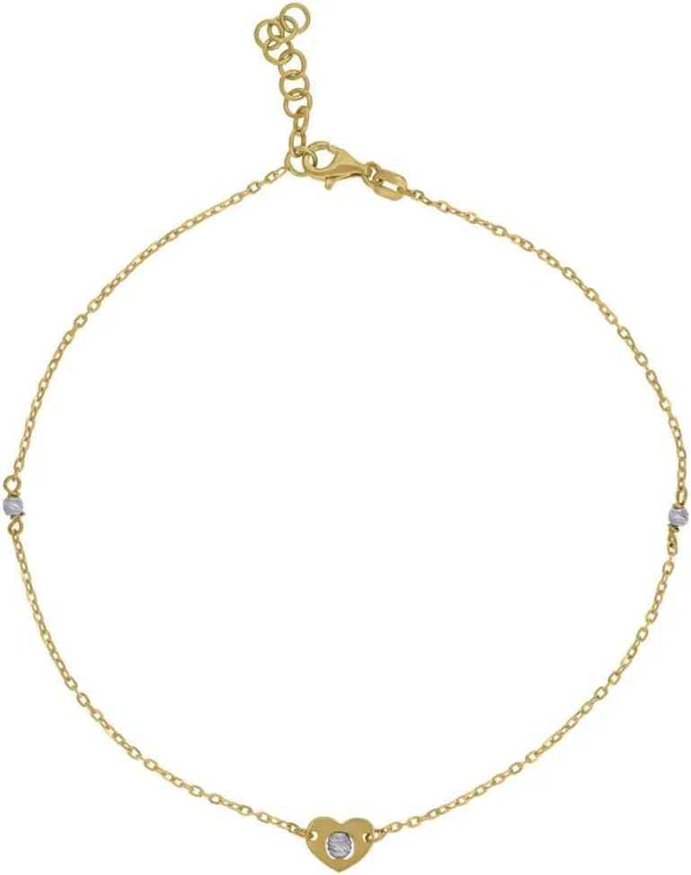 14K Two-Tone Gold Polished Finish Textured Heart Beaded Anklet