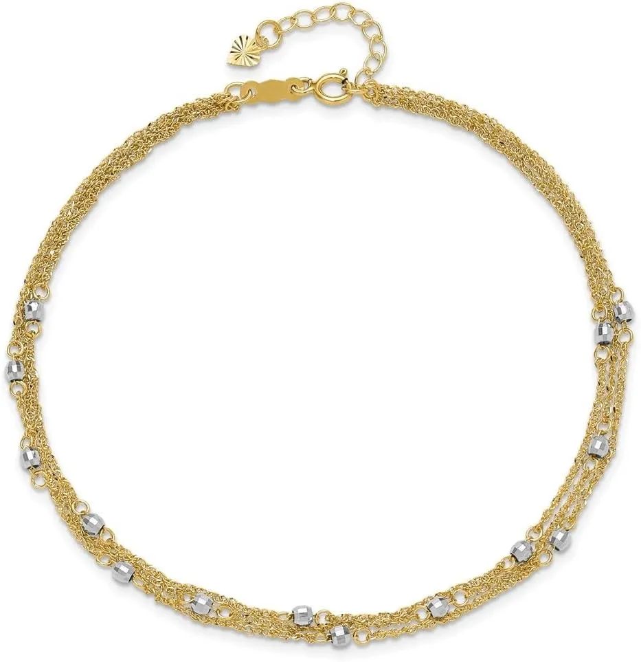 14K Two-Tone Gold Triple Strand with 1" ext. Chain Anklet 9" to 10"