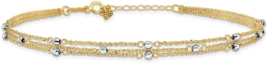 14K Two-Tone Gold Triple Strand with 1" ext. Chain Anklet 9" to 10"