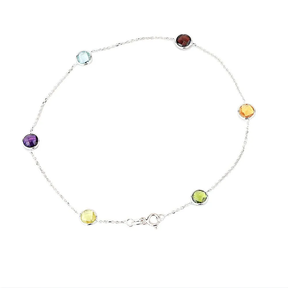 14K White Gold Anklet Bracelet With Colorful Faceted Round Gemstones 10 Inches