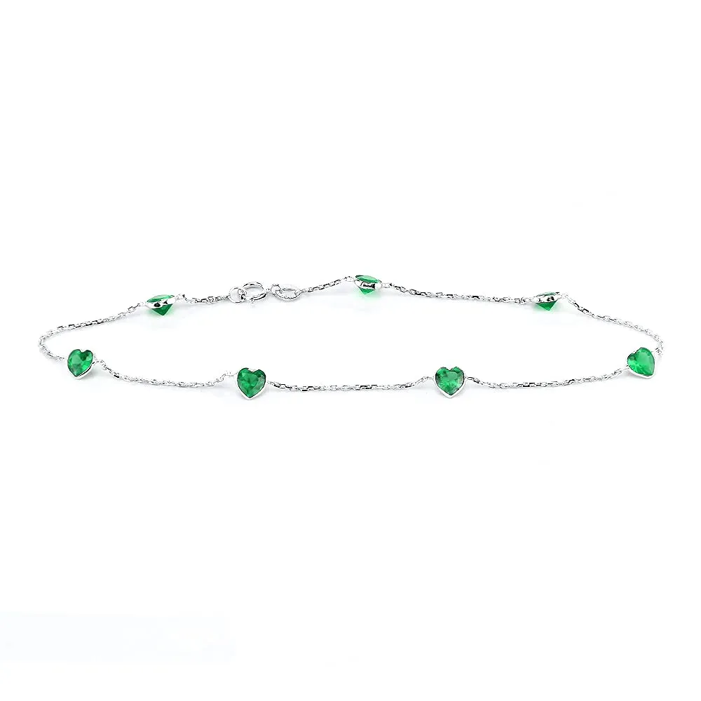 14K White Gold Station Anklet With Emerald Green Heart Cubic Zirconia 9-11 Inch (11 Inches)