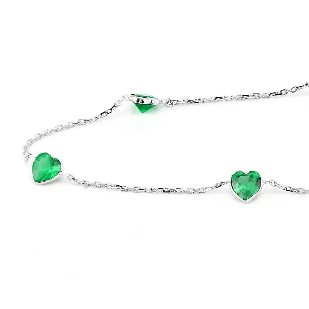 14K White Gold Station Anklet With Emerald Green Heart Cubic Zirconia 9-11 Inch (11 Inches)