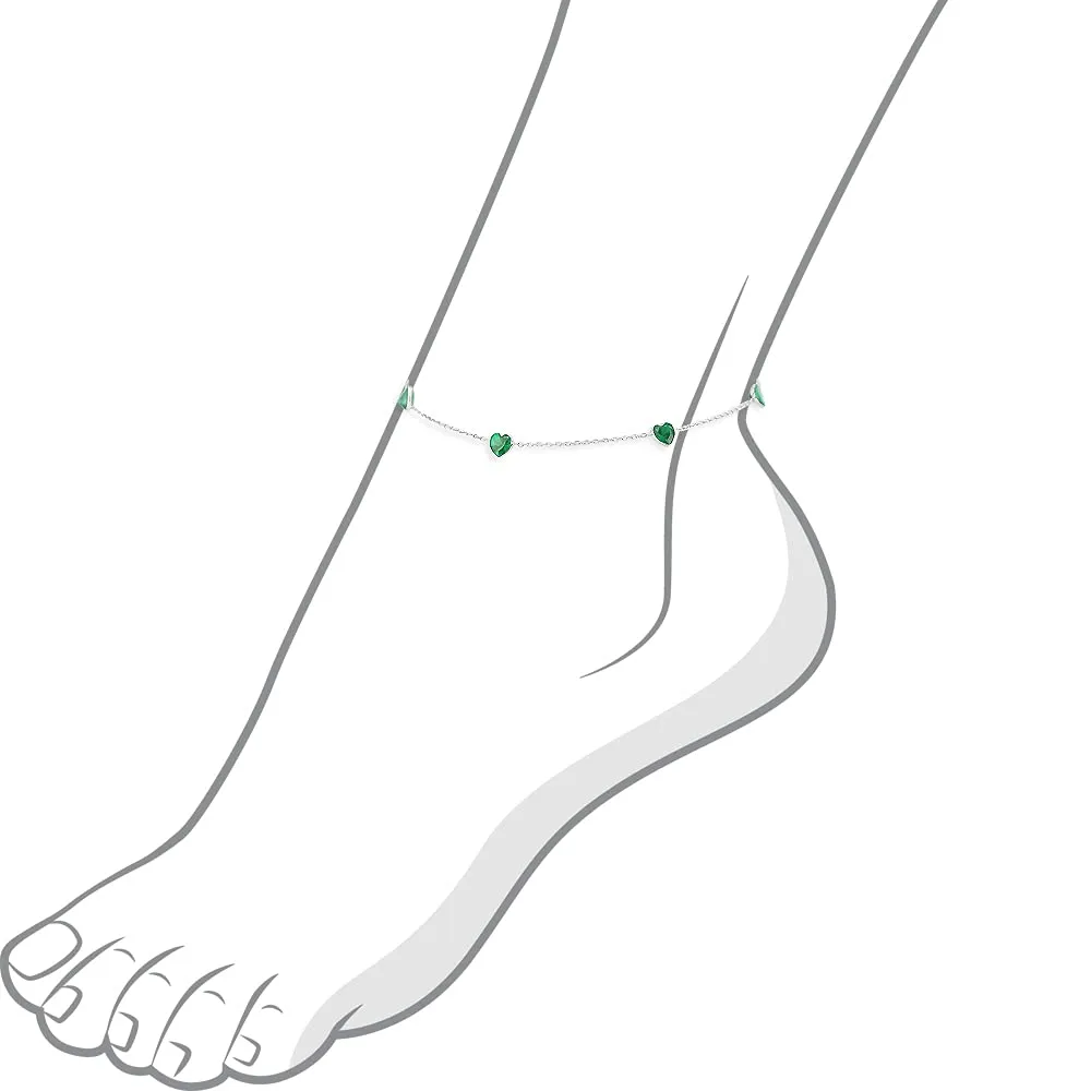 14K White Gold Station Anklet With Emerald Green Heart Cubic Zirconia 9-11 Inch (11 Inches)