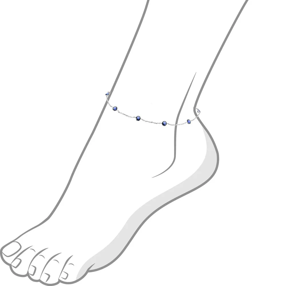 14K White Gold Station Anklet With Sapphire 4mm Blue Cubic Zirconia 9-11 Inch (11 Inches)