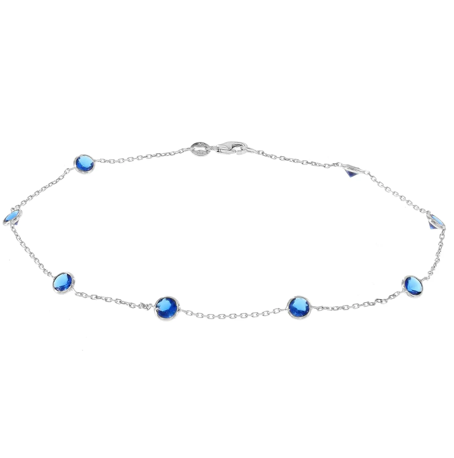 14K White Gold Station Anklet With Sapphire 4mm Blue Cubic Zirconia 9-11 Inch (11 Inches)