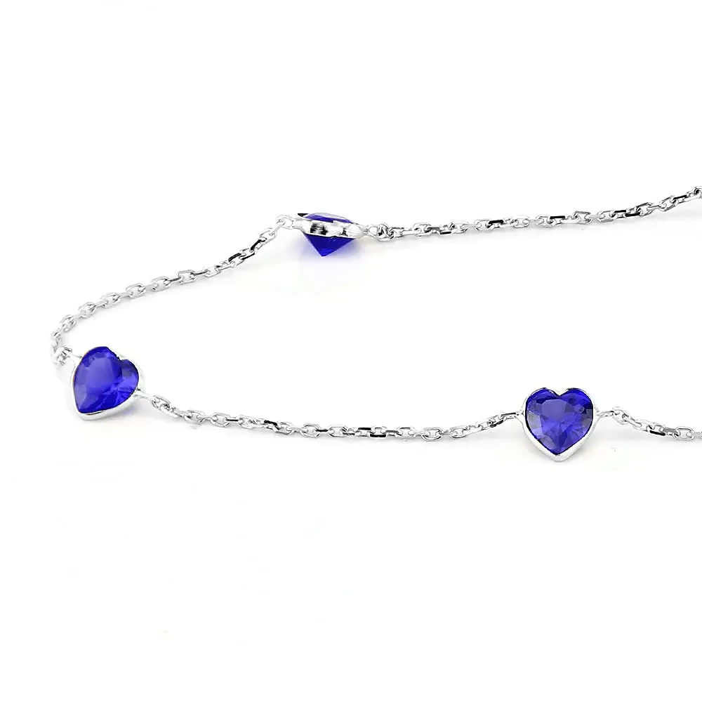 14K White Gold Station Anklet With Sapphire Blue Heart Cubic Zirconia 9-11 Inch (9.5 Inches)