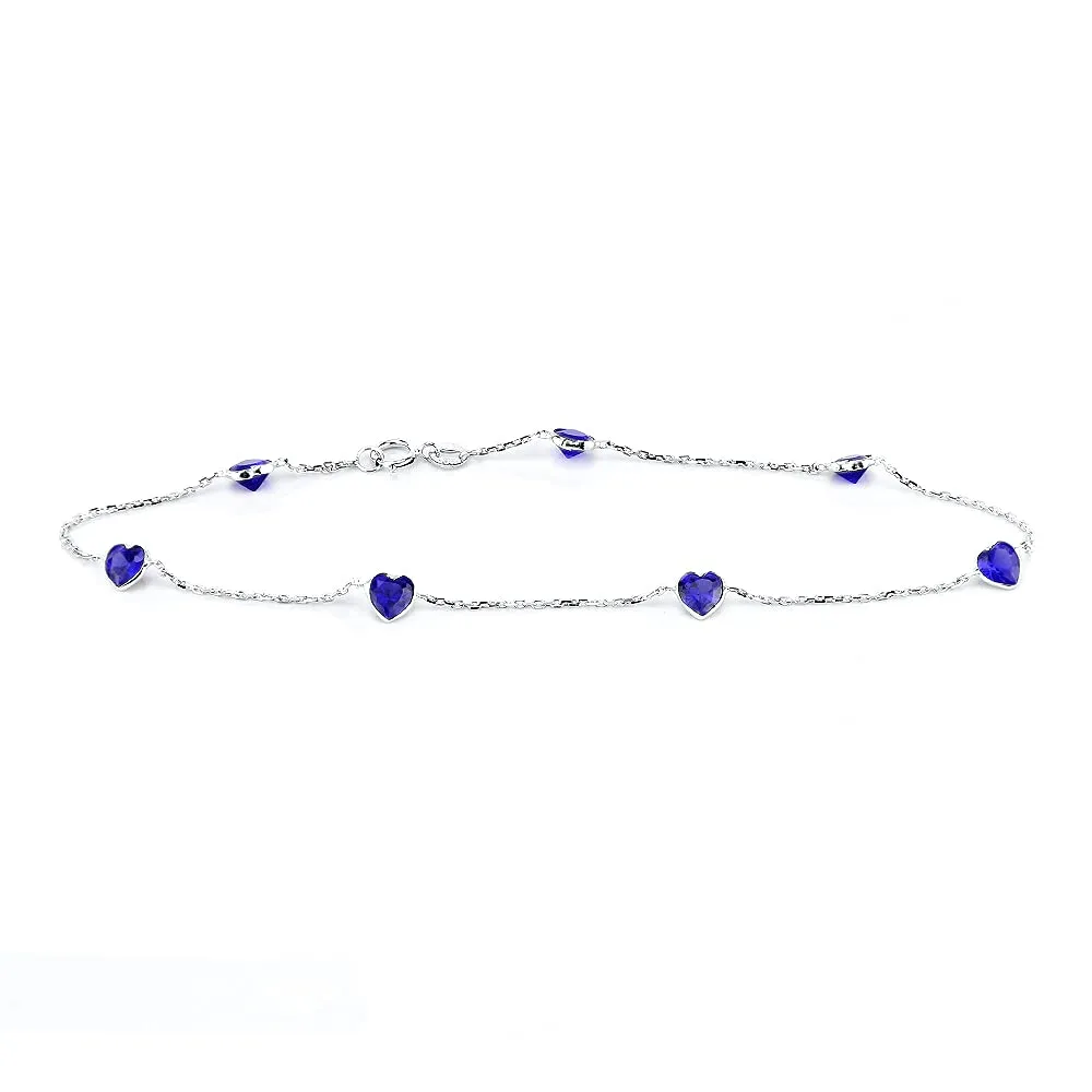 14K White Gold Station Anklet With Sapphire Blue Heart Cubic Zirconia 9-11 Inch (9.5 Inches)