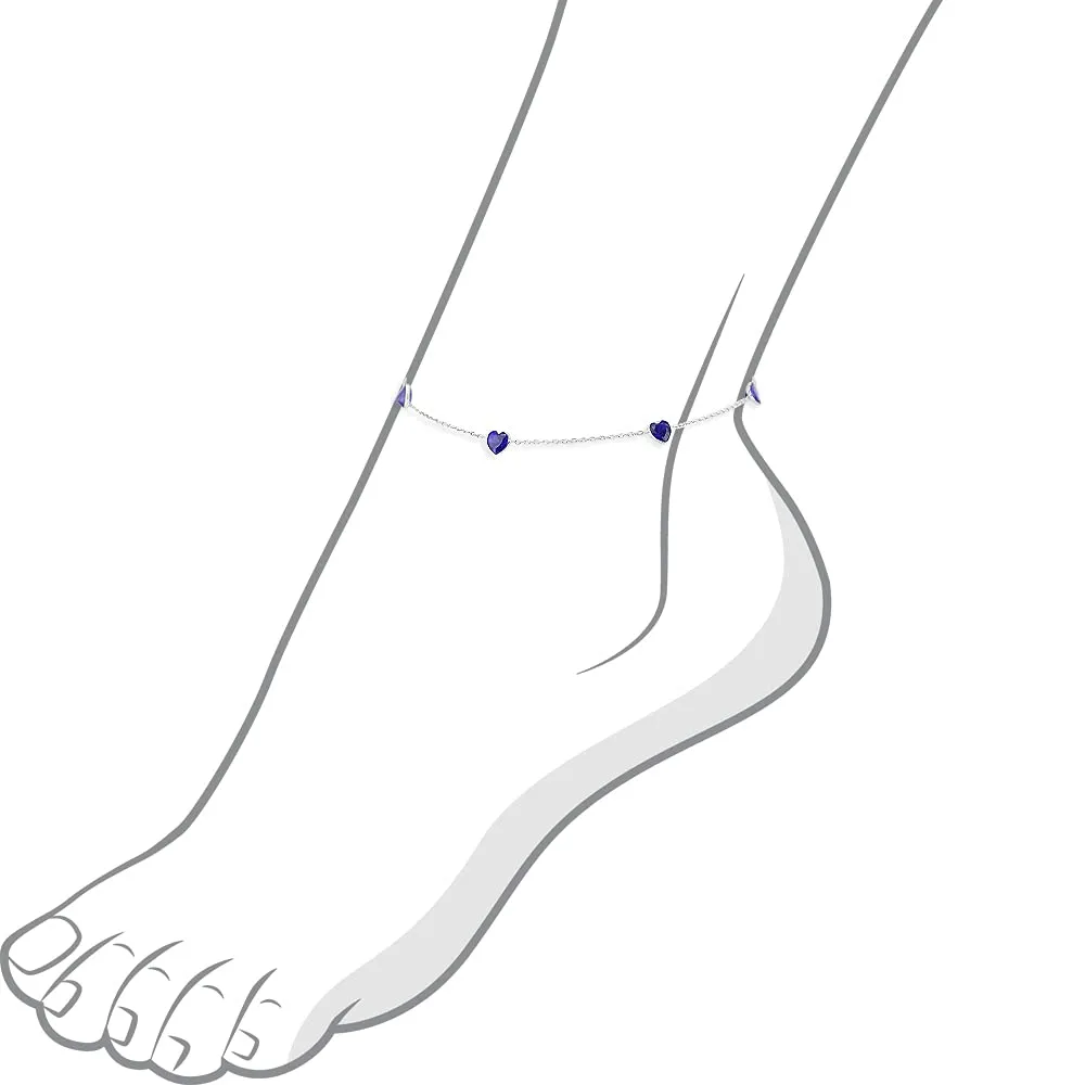 14K White Gold Station Anklet With Sapphire Blue Heart Cubic Zirconia 9-11 Inch (9.5 Inches)