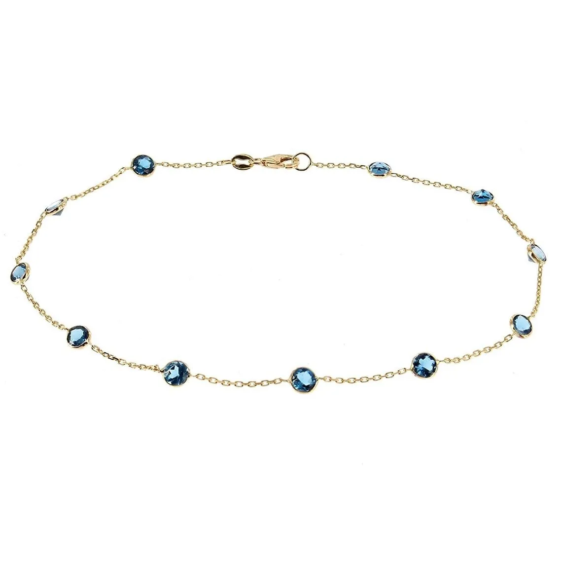 14K Yellow Gold Ankle Bracelet With 4mm London Blue Topaz Gemstone Stations 9 Inch