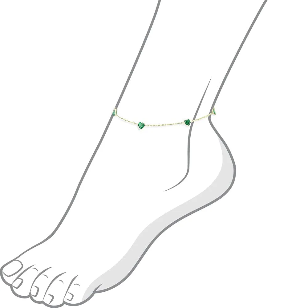 14K Yellow Gold Station Anklet With Emerald Green Heart Cubic Zirconia 9-11 Inch (11 Inches)