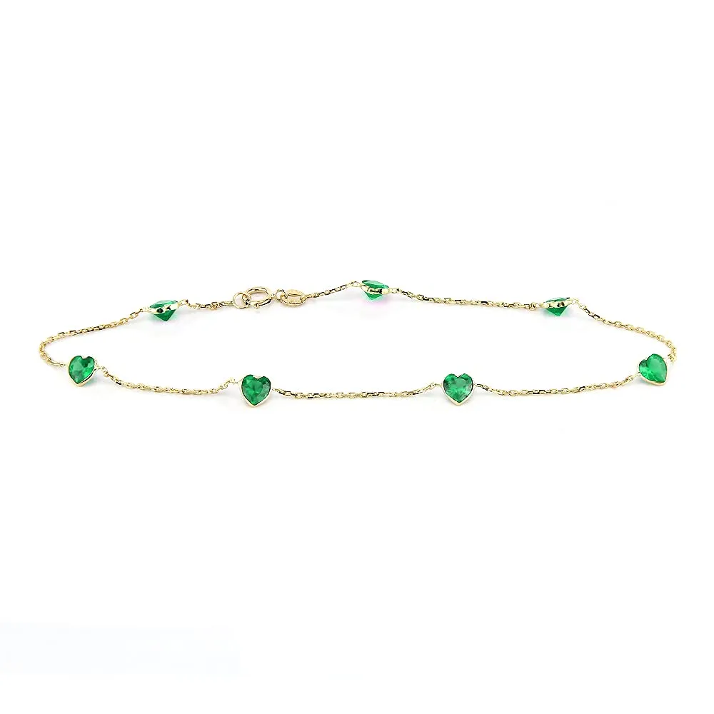 14K Yellow Gold Station Anklet With Emerald Green Heart Cubic Zirconia 9-11 Inch (11 Inches)