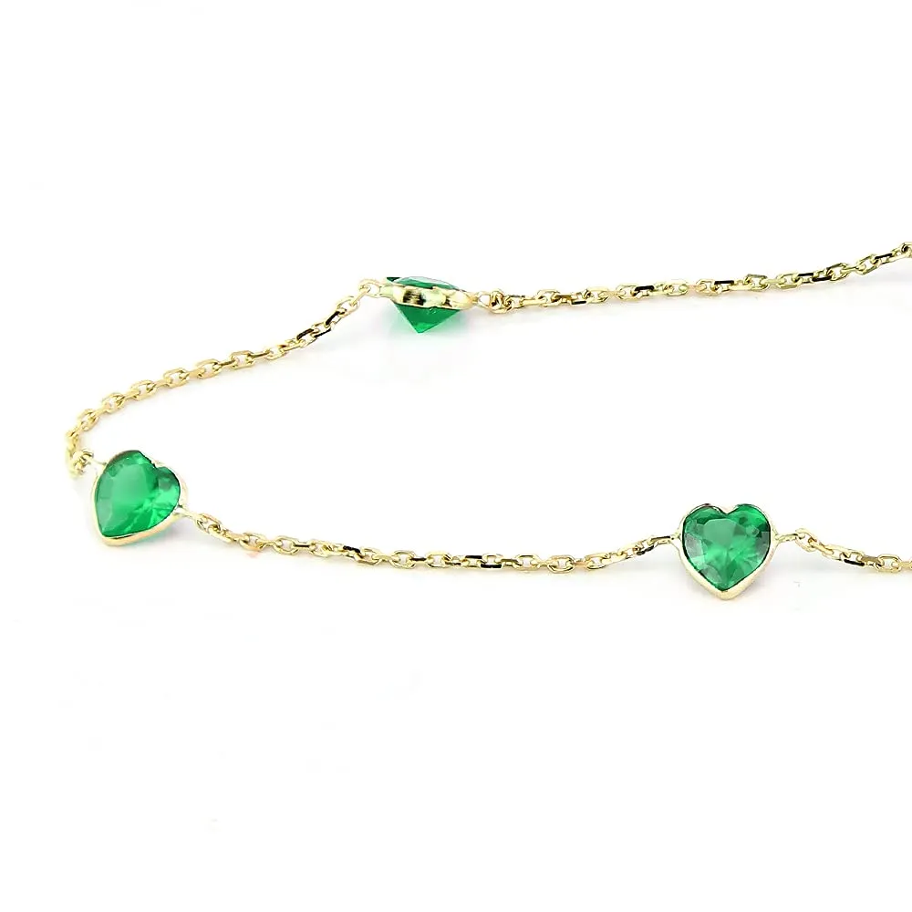 14K Yellow Gold Station Anklet With Emerald Green Heart Cubic Zirconia 9-11 Inch (11 Inches)