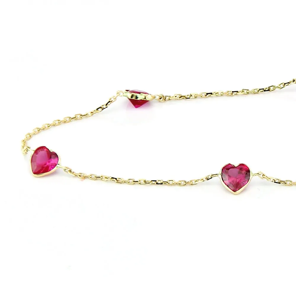 14K Yellow Gold Station Anklet With Ruby Red Heart Cubic Zirconia 9-11 Inch (10 Inches)