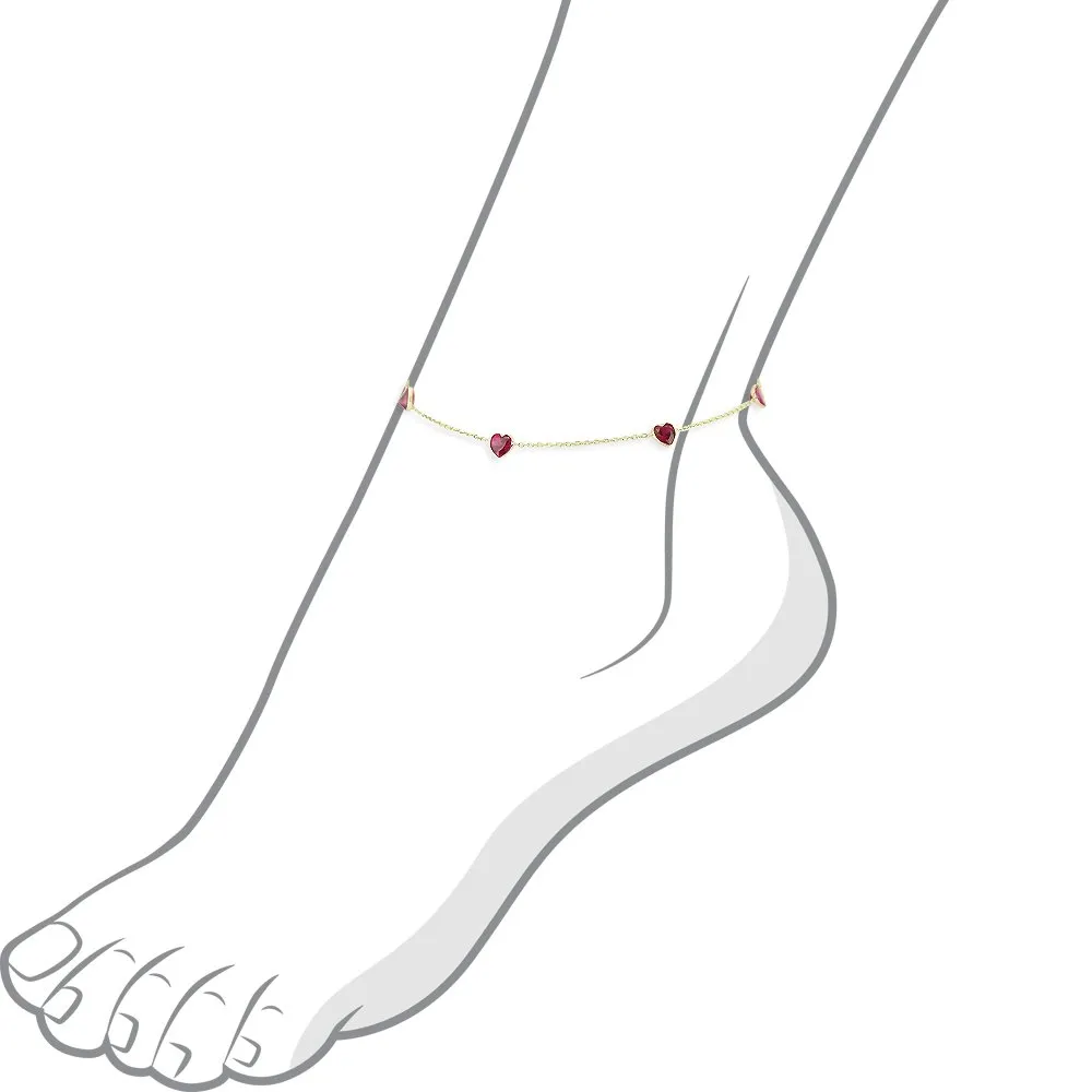 14K Yellow Gold Station Anklet With Ruby Red Heart Cubic Zirconia 9-11 Inch (10 Inches)