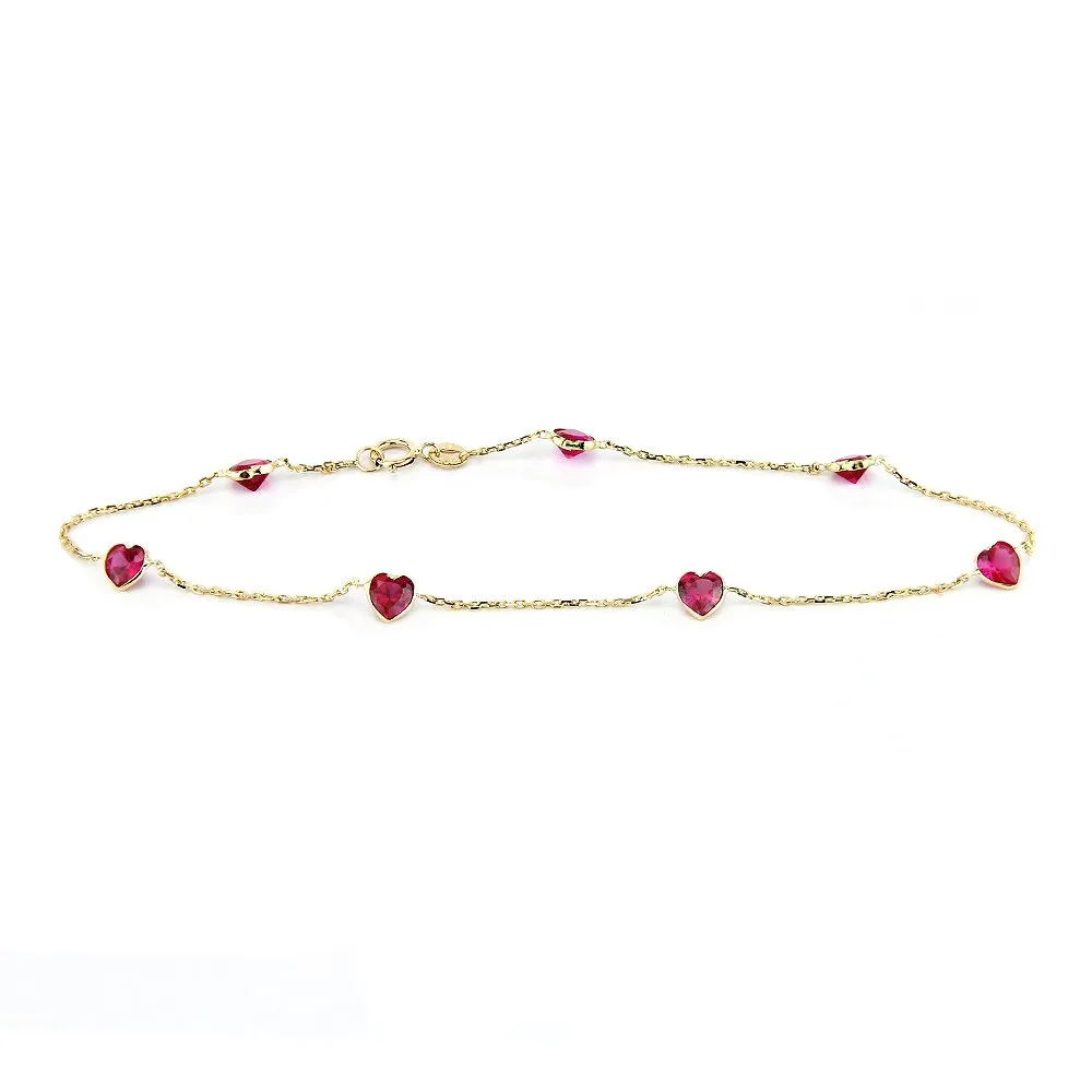 14K Yellow Gold Station Anklet With Ruby Red Heart Cubic Zirconia 9-11 Inch (10 Inches)