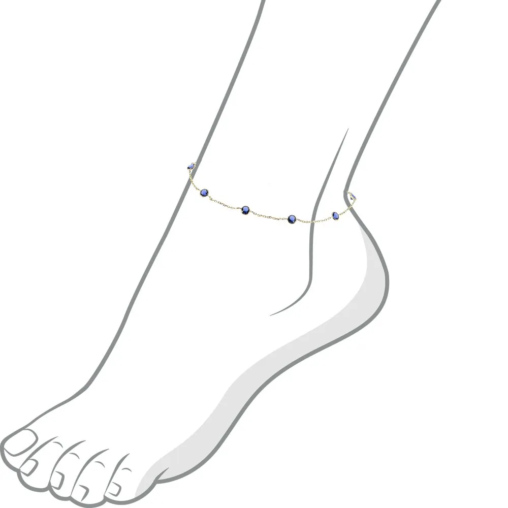 14K Yellow Gold Station Anklet With Sapphire 4mm Blue Cubic Zirconia 9-11 Inch (9.5 Inches)
