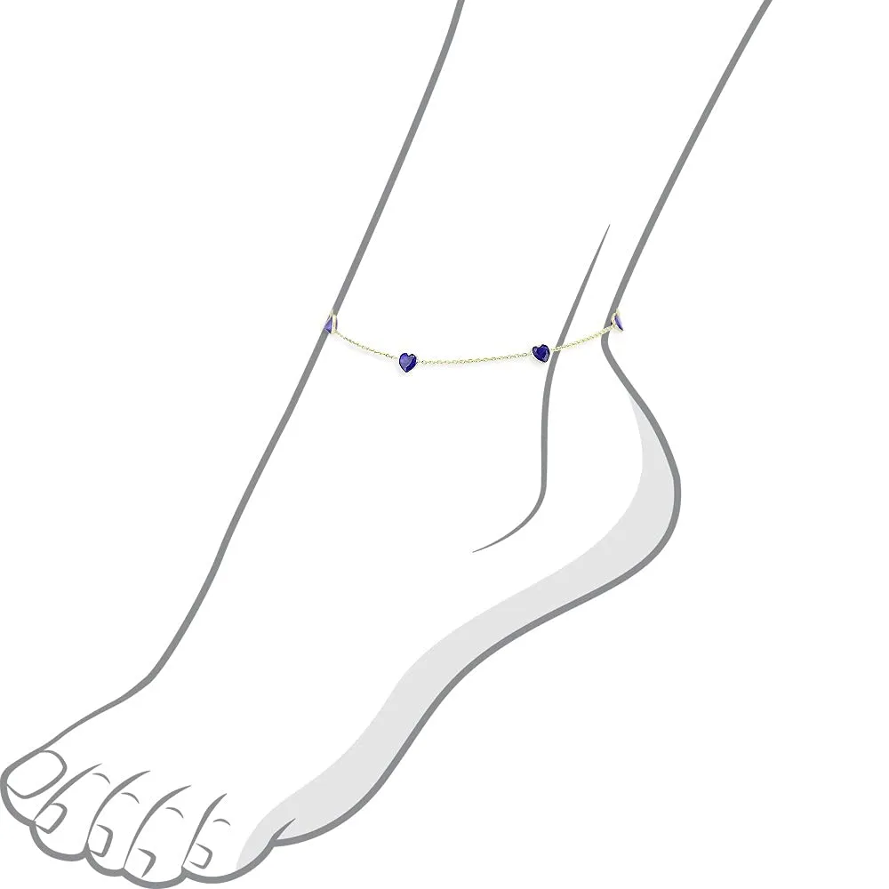 14K Yellow Gold Station Anklet With Sapphire Blue Heart Cubic Zirconia 9-11 Inch (9 Inches)