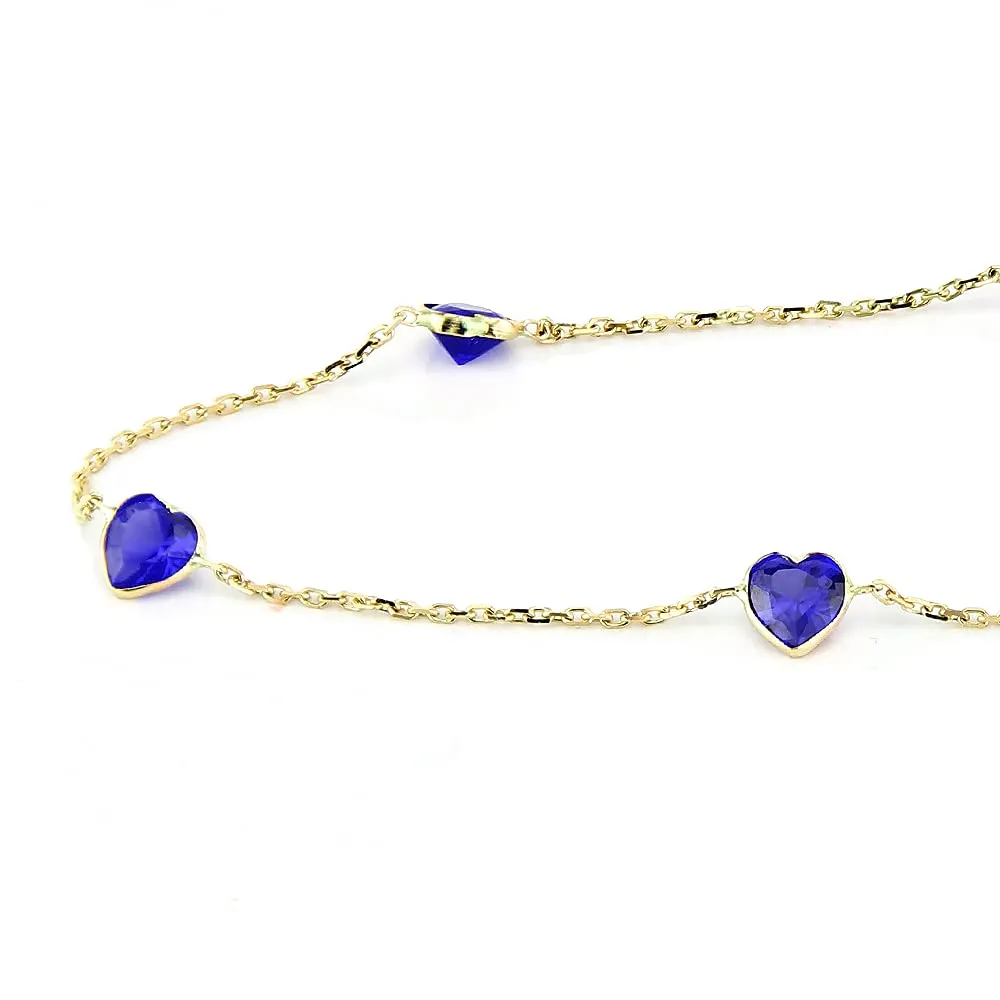 14K Yellow Gold Station Anklet With Sapphire Blue Heart Cubic Zirconia 9-11 Inch (9 Inches)