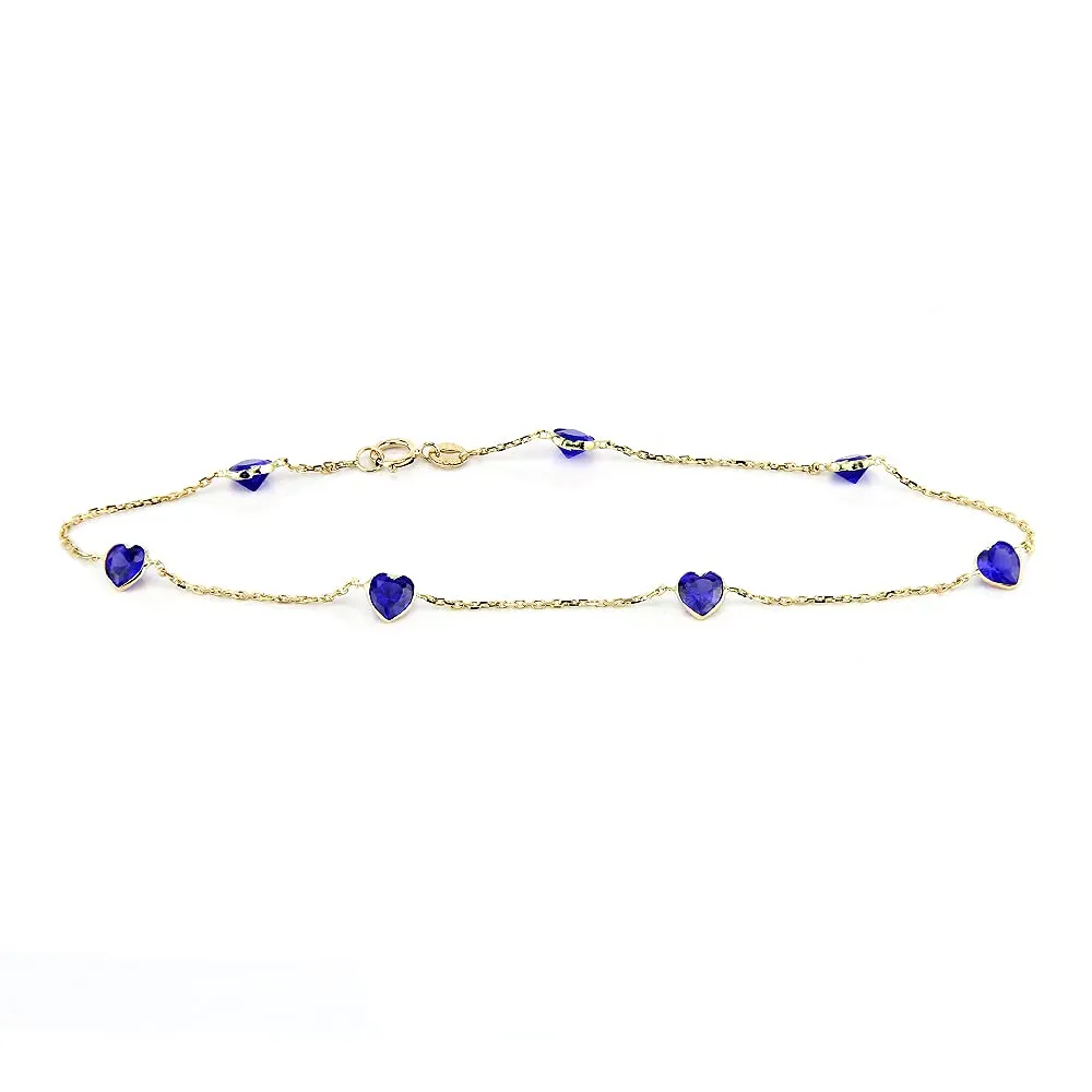 14K Yellow Gold Station Anklet With Sapphire Blue Heart Cubic Zirconia 9-11 Inch (9.5 Inches)