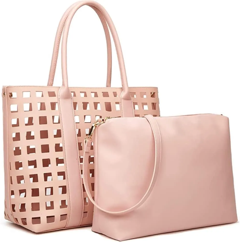 2 Pcs Handbags for Women Tote Bags Purses Set Faux Leather Satchel Hollowed Out Bag Large Capacity Shoulder Bag