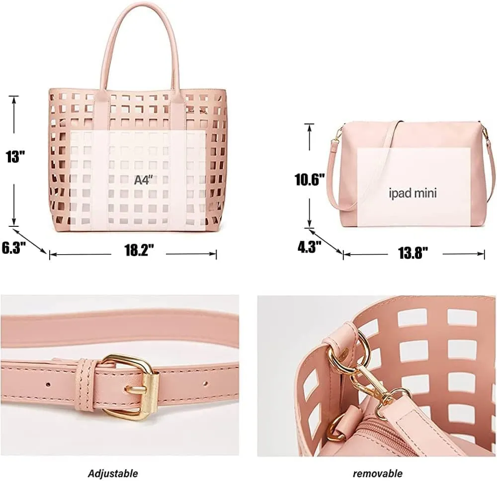 2 Pcs Handbags for Women Tote Bags Purses Set Faux Leather Satchel Hollowed Out Bag Large Capacity Shoulder Bag