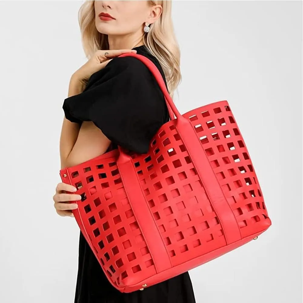 2 Pcs Handbags for Women Tote Bags Purses Set Faux Leather Satchel Hollowed Out Bag Large Capacity Shoulder Bag