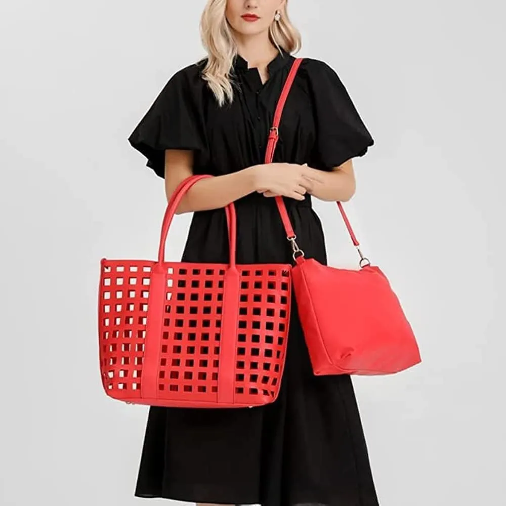 2 Pcs Handbags for Women Tote Bags Purses Set Faux Leather Satchel Hollowed Out Bag Large Capacity Shoulder Bag