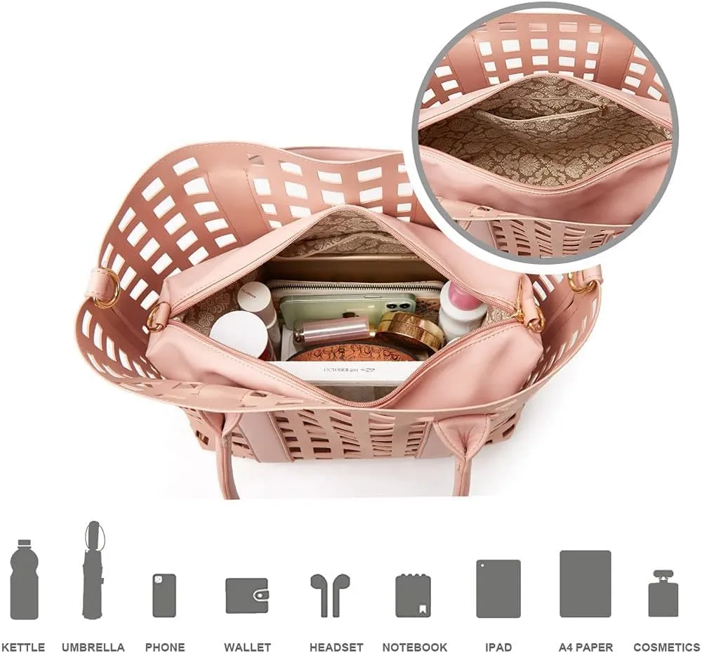 2 Pcs Handbags for Women Tote Bags Purses Set Faux Leather Satchel Hollowed Out Bag Large Capacity Shoulder Bag