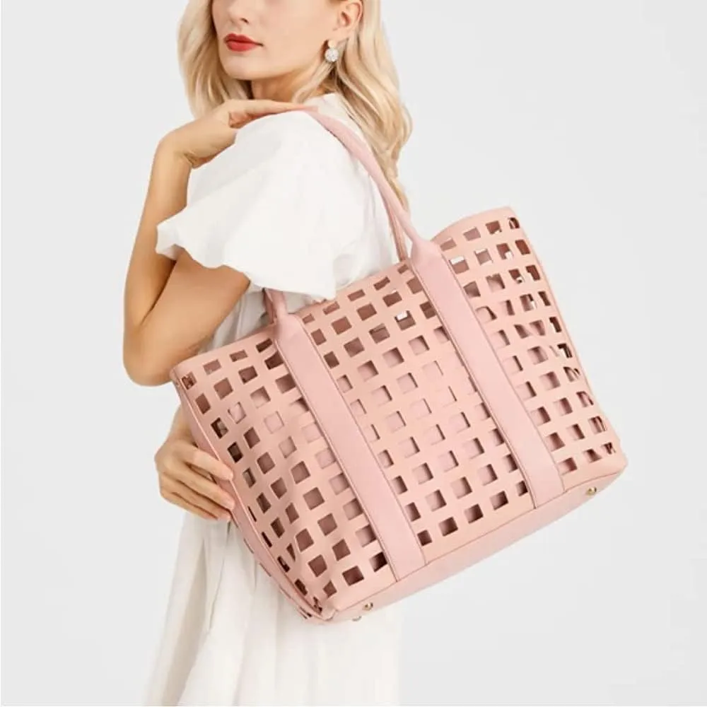 2 Pcs Handbags for Women Tote Bags Purses Set Faux Leather Satchel Hollowed Out Bag Large Capacity Shoulder Bag