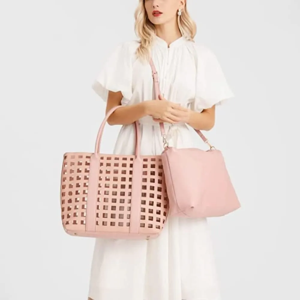 2 Pcs Handbags for Women Tote Bags Purses Set Faux Leather Satchel Hollowed Out Bag Large Capacity Shoulder Bag