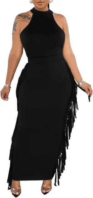 2 Piece Outfits for Women Sexy Crop Top Ruched Bodycon Maxi Dresses Fringe Skirt Sets Night Club Jumpsuits