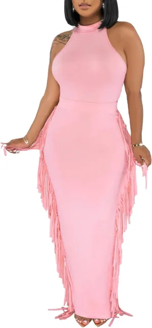 2 Piece Outfits for Women Sexy Crop Top Ruched Bodycon Maxi Dresses Fringe Skirt Sets Night Club Jumpsuits