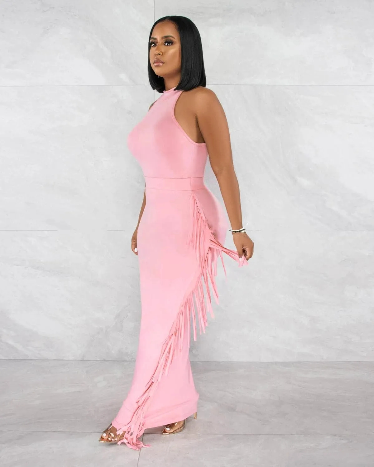 2 Piece Outfits for Women Sexy Crop Top Ruched Bodycon Maxi Dresses Fringe Skirt Sets Night Club Jumpsuits