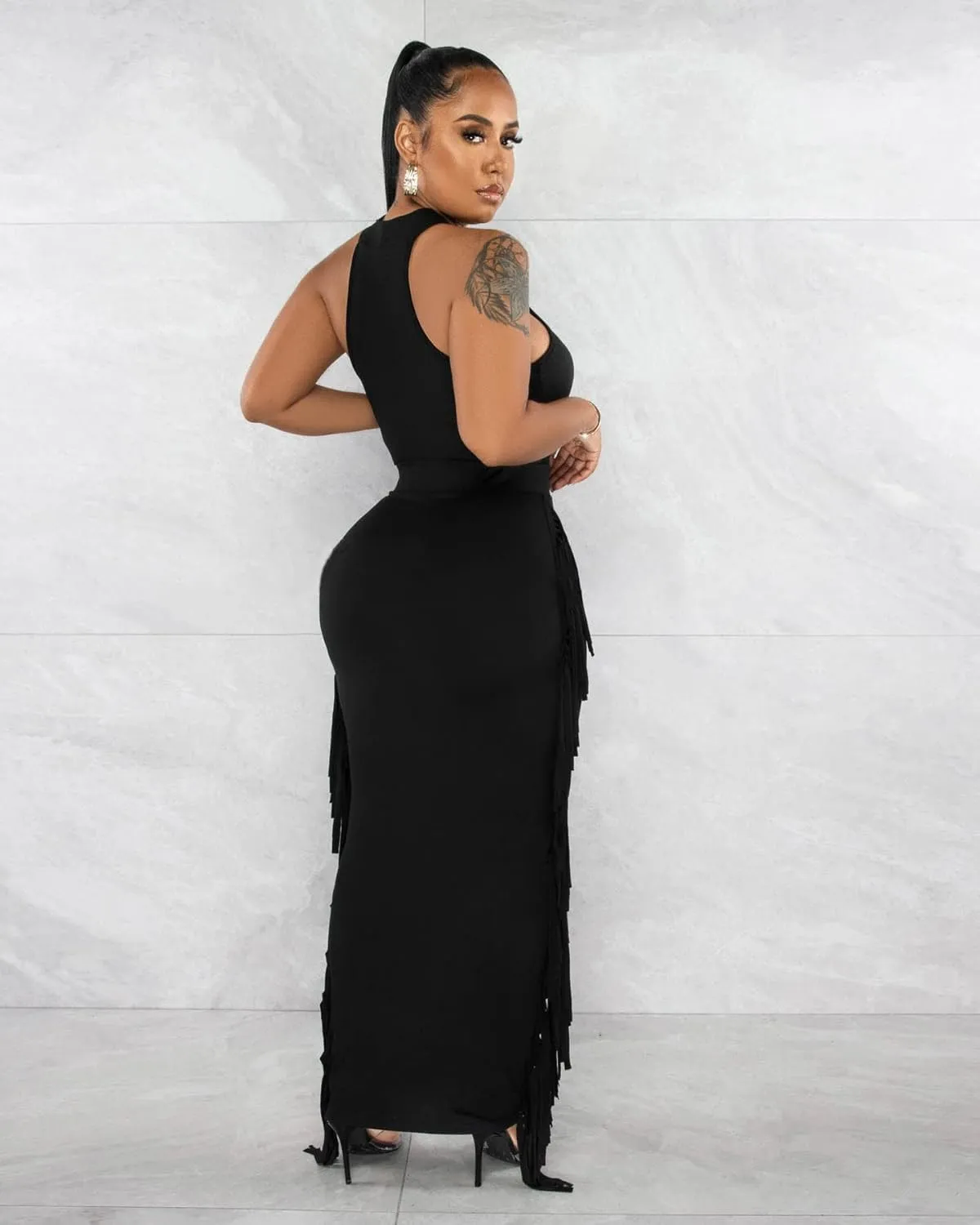 2 Piece Outfits for Women Sexy Crop Top Ruched Bodycon Maxi Dresses Fringe Skirt Sets Night Club Jumpsuits