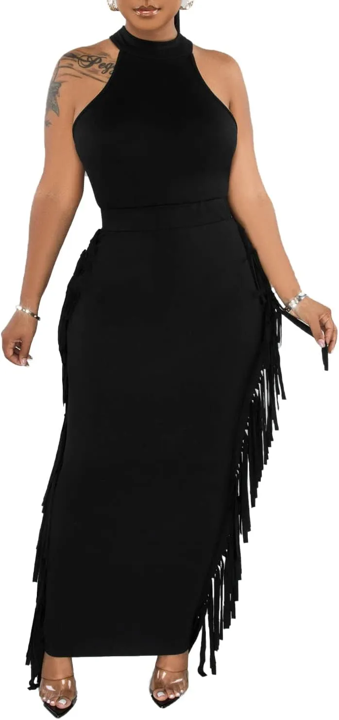 2 Piece Outfits for Women Sexy Crop Top Ruched Bodycon Maxi Dresses Fringe Skirt Sets Night Club Jumpsuits