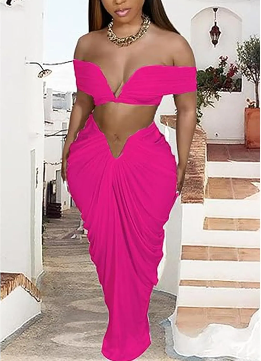 2 Piece Outfits for Women Summer Sexy Crop Tops Draped Ruched Dresses Maxi Skirt Sets Vacation Jumpsuits Outfits