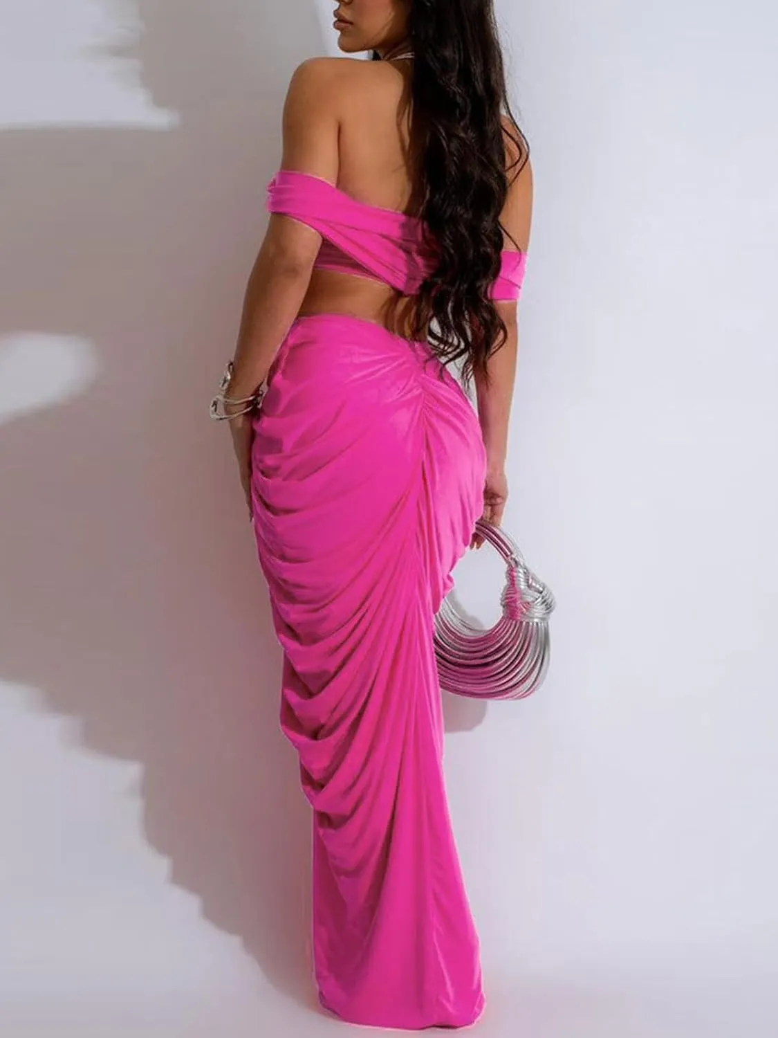 2 Piece Outfits for Women Summer Sexy Crop Tops Draped Ruched Dresses Maxi Skirt Sets Vacation Jumpsuits Outfits