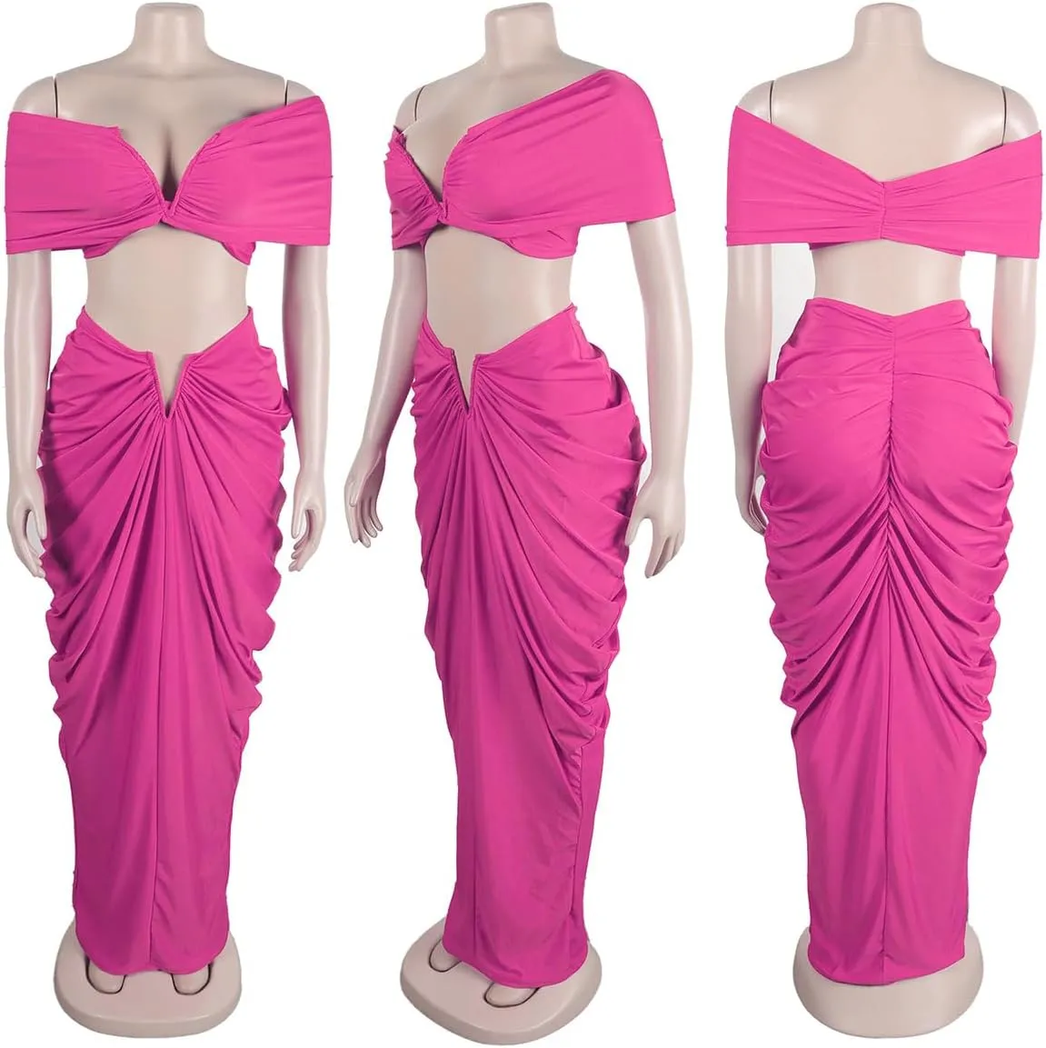 2 Piece Outfits for Women Summer Sexy Crop Tops Draped Ruched Dresses Maxi Skirt Sets Vacation Jumpsuits Outfits