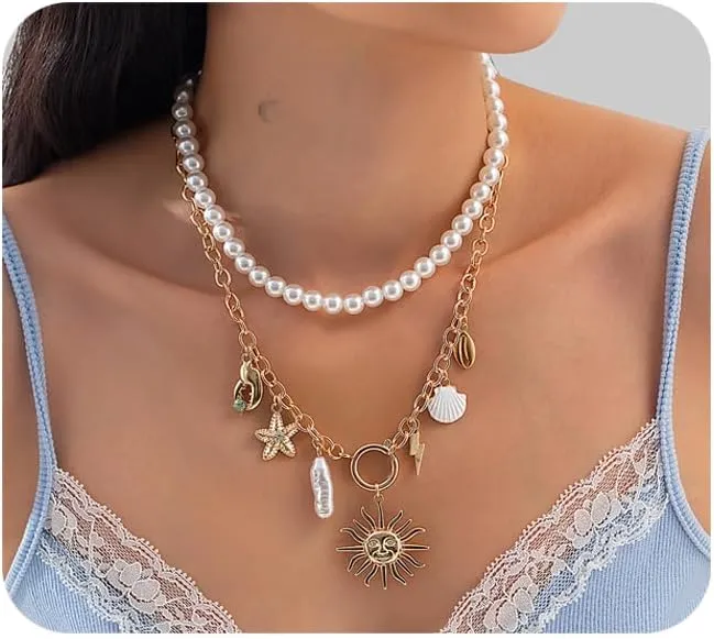 2Pcs Summer Sunflower Pendant Necklace Layered Gold Starfish Shell Tassel Chest Body Chain Jewelry Bikini Beach Pearl Clavicle Chain Necklace for Women
