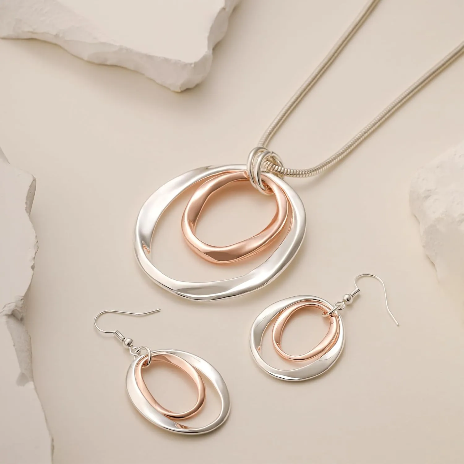3 Circles Silver Hoop Earrings and Necklace Set for Women - 925 Plated Hypoallergenic Small Hoops