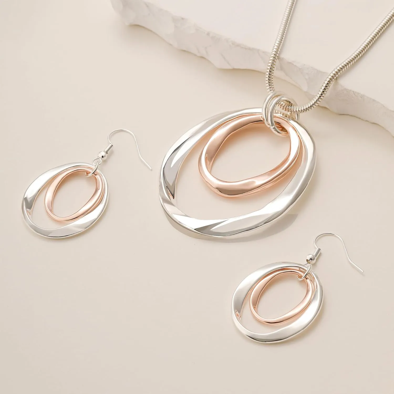 3 Circles Silver Hoop Earrings and Necklace Set for Women - 925 Plated Hypoallergenic Small Hoops